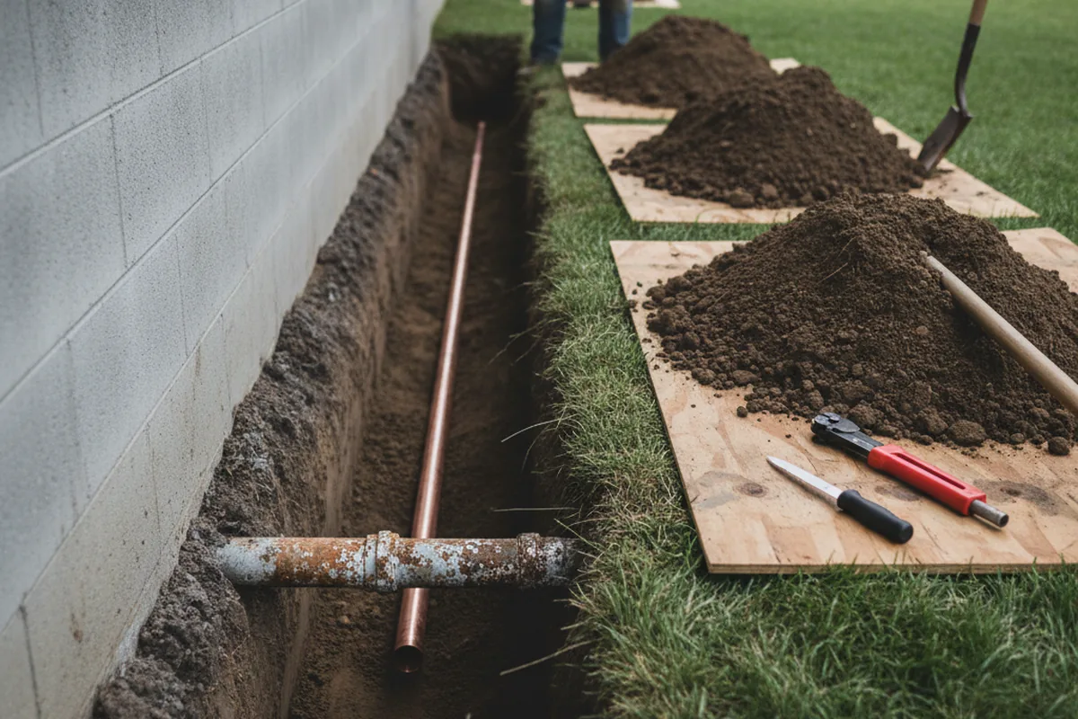 Excavated water line trench during Water Softener Installation in Slanesville